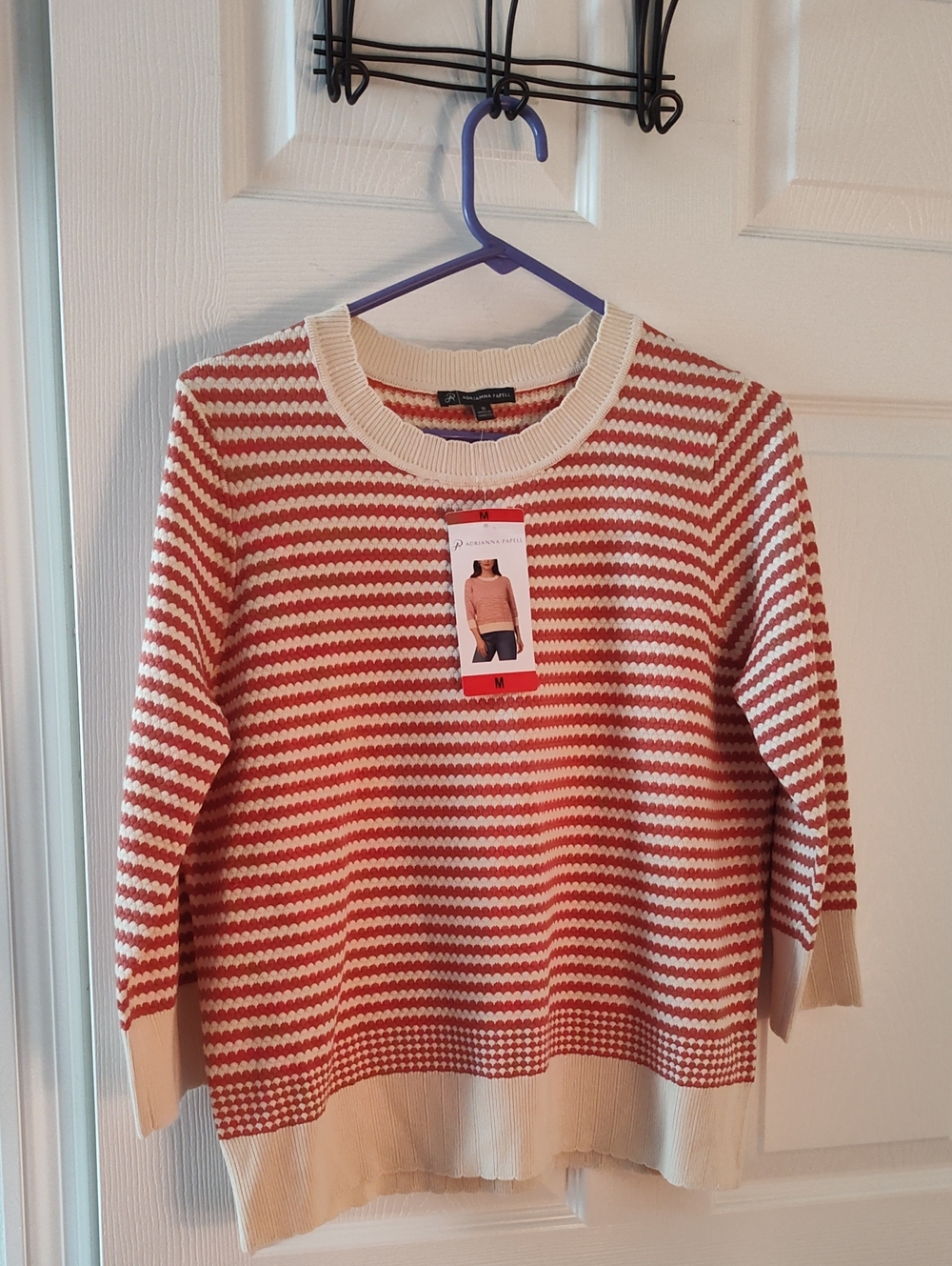 Adrianna Papell Red & Cream Striped Crewneck Sweater